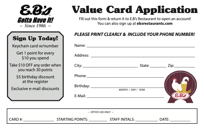 EB's Restaurant - Value Card